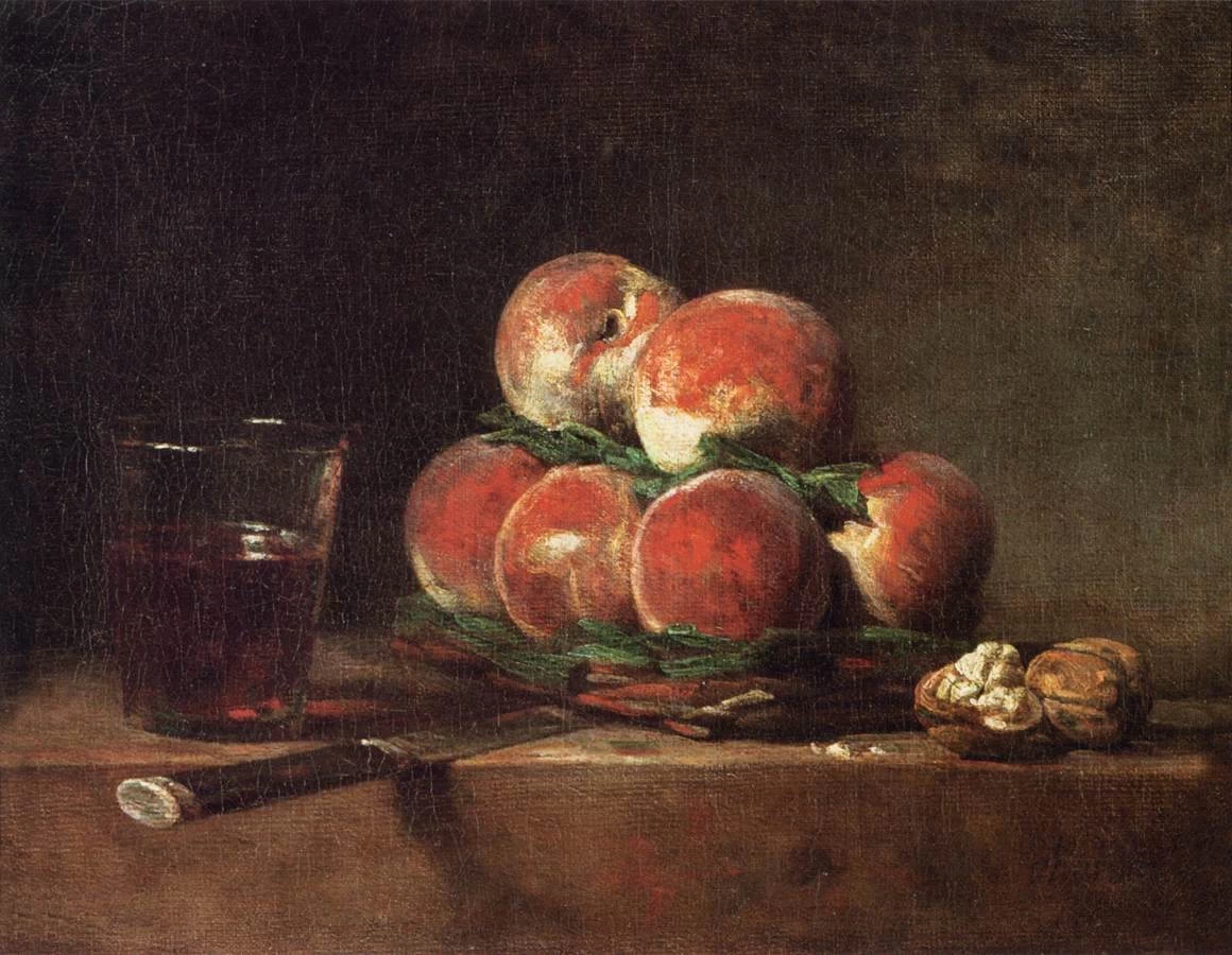 Jean Siméon Chardin - Cesto di pesche, con noci, coltello e bicchiere di vino, Louvre, Parigi